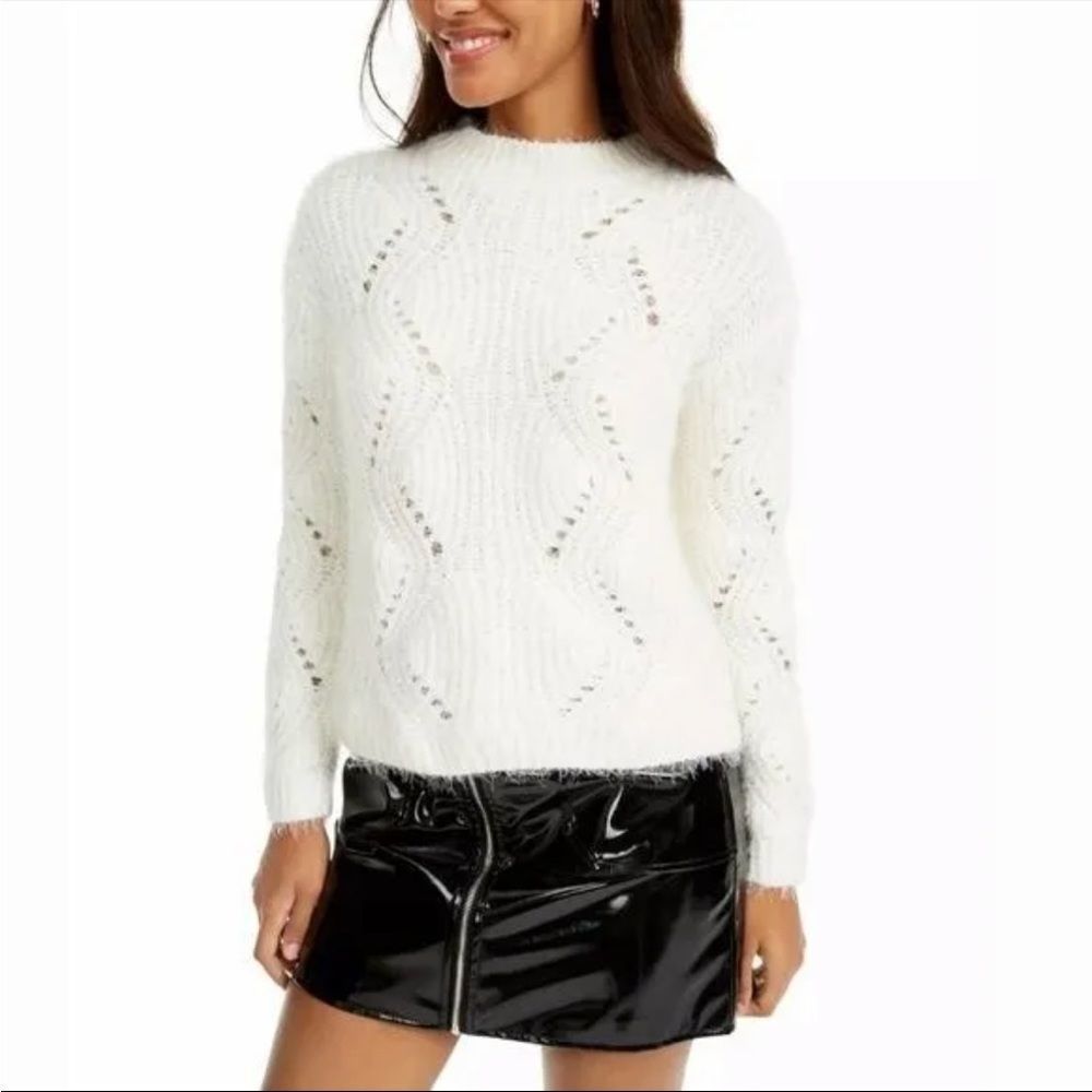Freshman Fluffy Po Chenille Eyelash Sweater Ivory White Fuzzy
